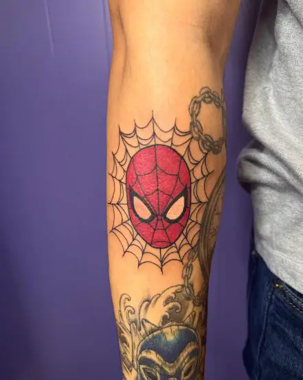 Red Spider Man Mask with Web Forearm Tattoo