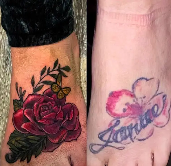 Rose Tattoo Cover Up on Foot Over A Name