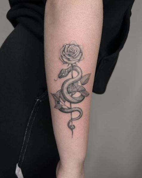 Rose and Snake Forearm Tattoo
