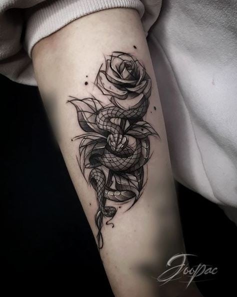 Rose and Snake Sketch Style Tattoo
