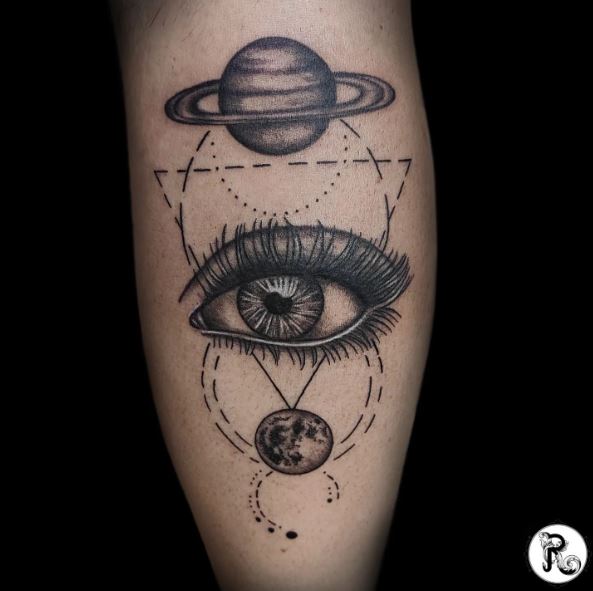 Saturn, Eye and Earth with Geometric Shape Tattoo