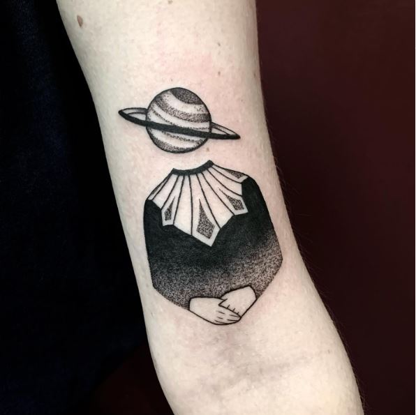Saturn Head and Human Body Tattoo