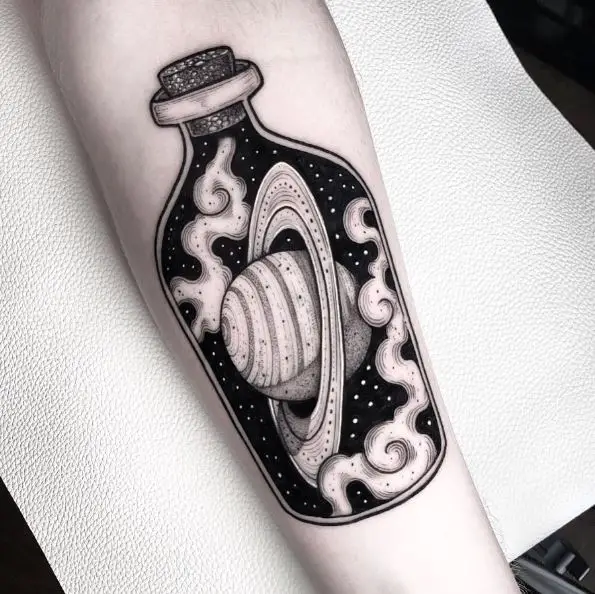 Saturn in a Bottle Tattoo