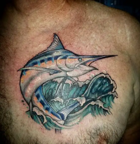 Shark on Waves Chest Tattoo