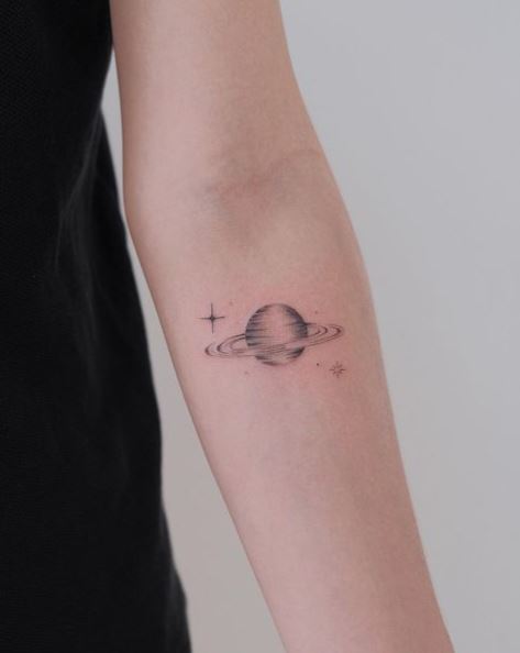 Simple Saturn and Stars Forearm Tattoo