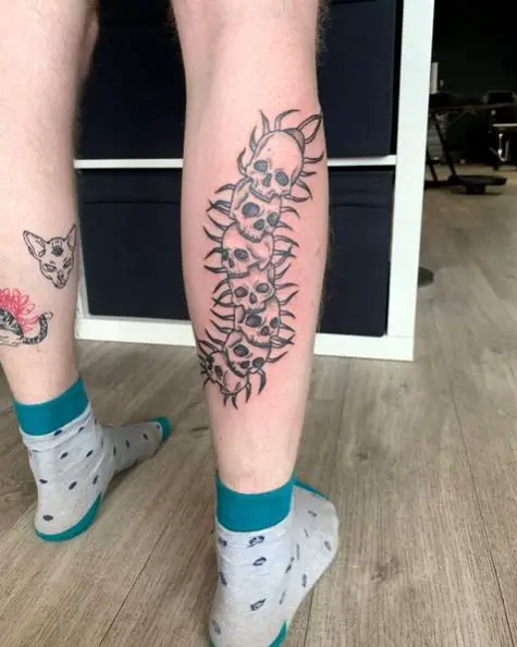 Skull Centipede Calf Tattoo Piece