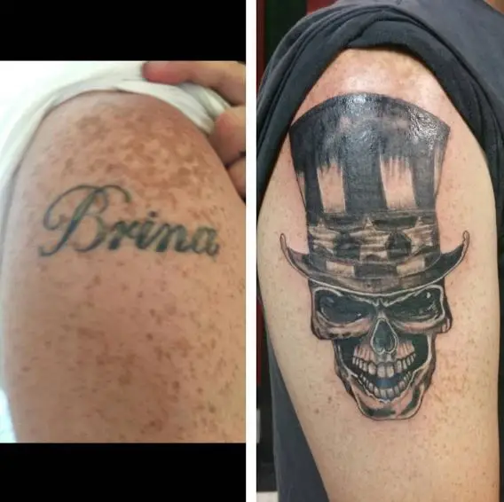 Skull with Hat Cover Up Arm Tattoo