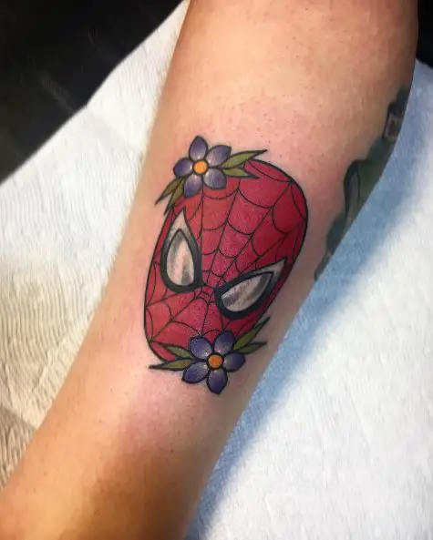 Spiderman Mask with Flowers Tattoo