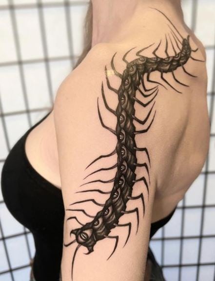Spooky Eyes Centipede Tattoo Down the Shoulder