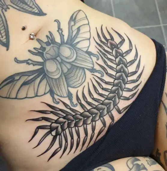 Spooky and Creepy Centipede Tattoo on the Lower Tummy