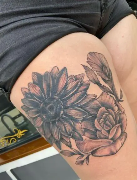 Sunflower, Rose and Calla Lily Thigh Tattoo