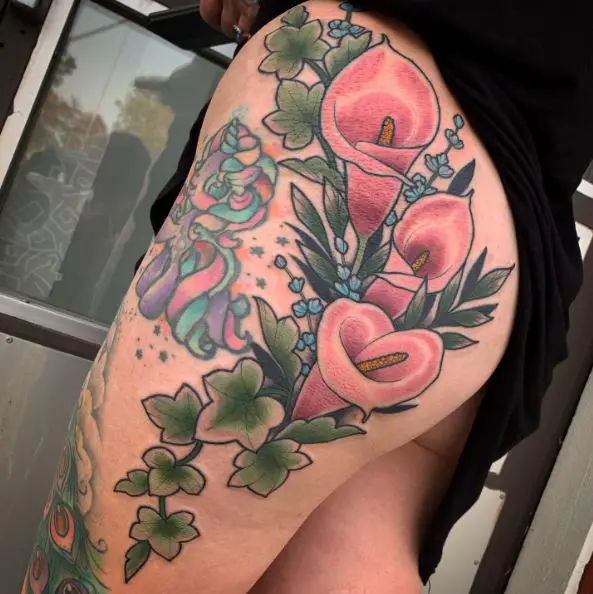 Three Pink Calla Lilies Thigh Tattoo