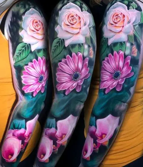 Three Pink Colored Floral Sleeve Tattoo Piece