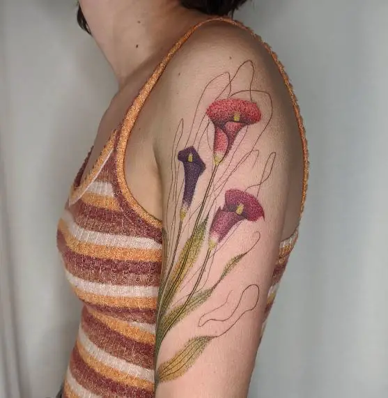 Three Shades of Calla Lilies Arm Tattoo
