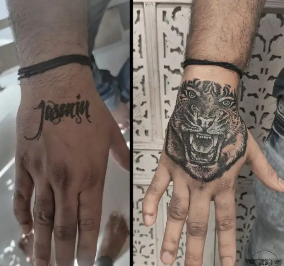 Tiger Face Name Cover Up Hand Tattoo