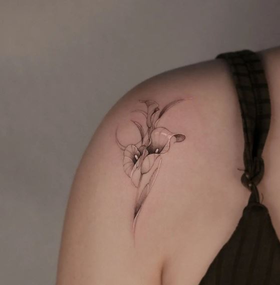 Tiny Greyish Calla Lily Arm Tattoo