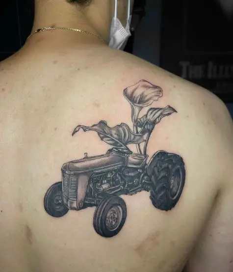 Tractor and Calla Lily Back Tattoo