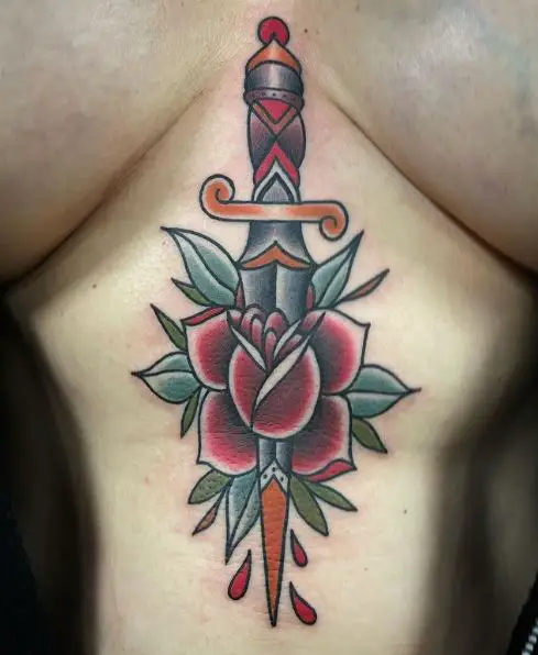 Traditional Rose and Dagger Sternum Tattoo