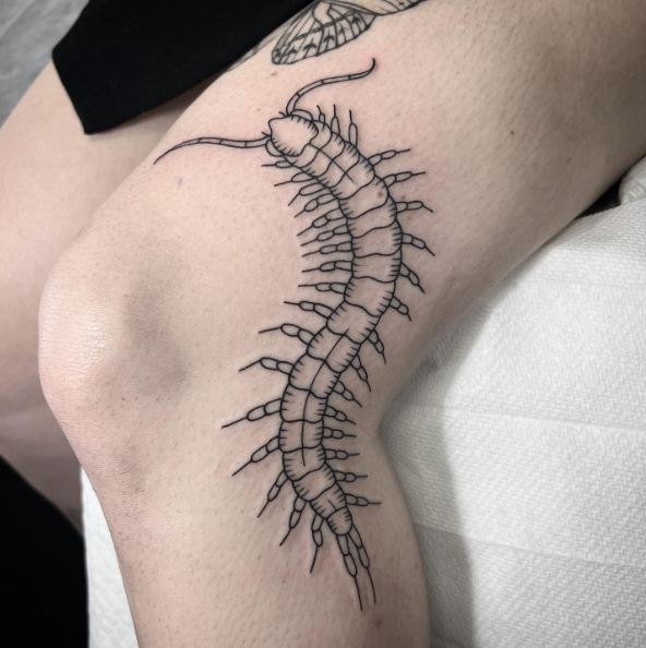 Transparent Centipede Thigh Tattoo