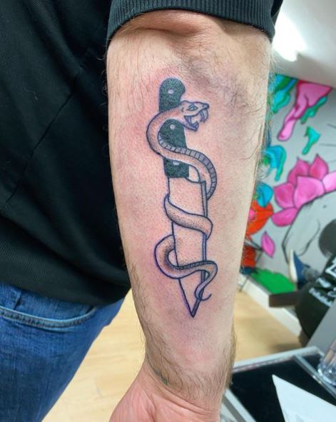 Transparent Snake with Knife Forearm Tattoo