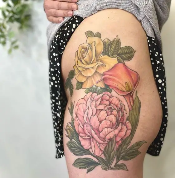 Vintage Inspired Flowers Thigh Tattoo