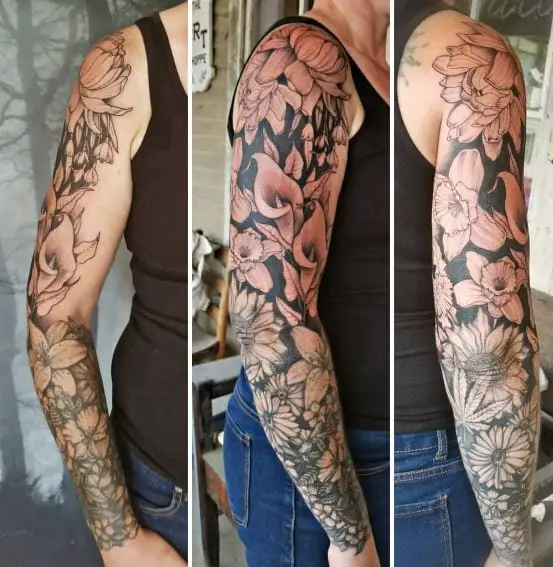 Water lilies, Snows Drops, Dandelion, Narcissus and Calla Lily Sleeve Tattoo