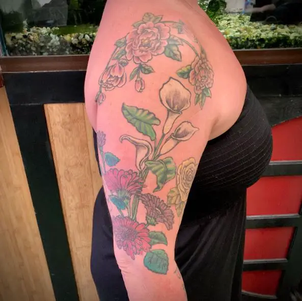 White Calla Lily and Floral Arm Tattoo Piece