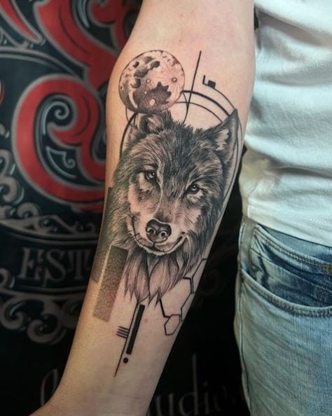 Wolf Face Geometric Forearm Tattoo