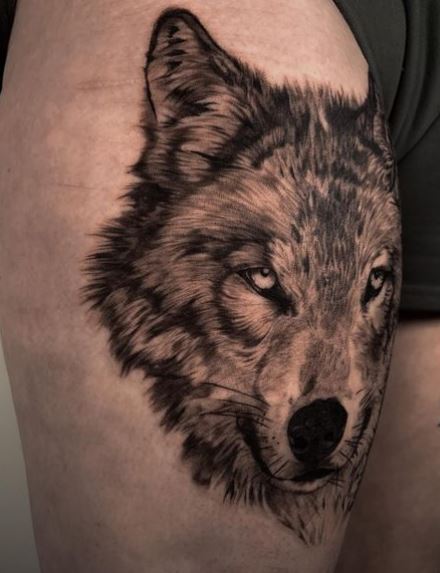 Wolf Face Thigh Tattoo