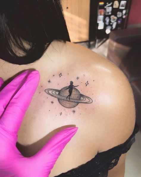 Woman on Saturn with Stars Shoulder Tattoo