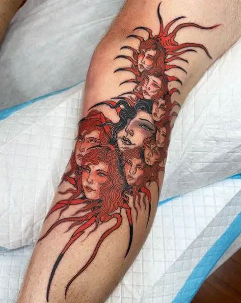 Women Faces Centipede Tattoo