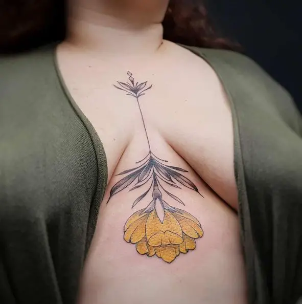 Yellow and Grey Upside Down Flower Chest Tattoo