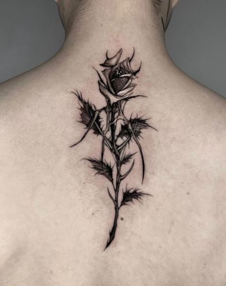 Black and Grey Gothic Rose with Thorns Spine Tattoo