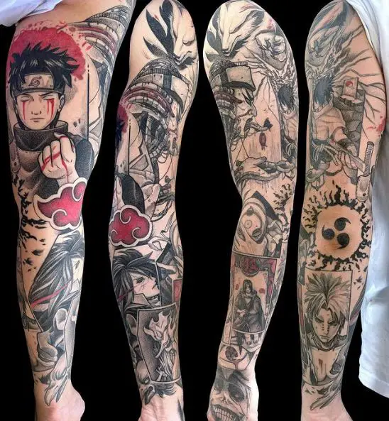 Colorful Itachi with Bloody Eyes Arm Sleeve Tattoo