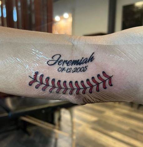 Baseball Seam Stitch with Script Inner Elbow Tattoo