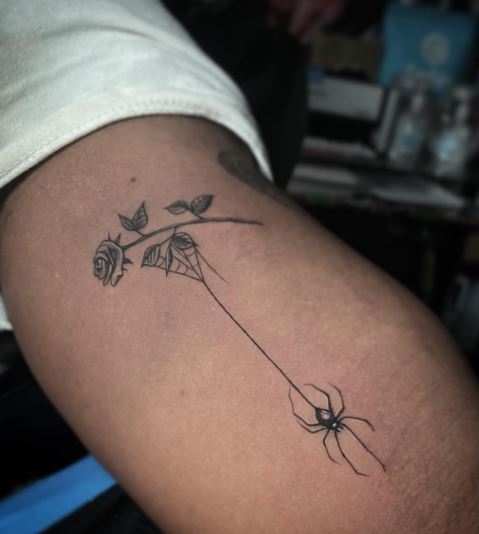 Black Spider and Rose Inner Biceps Tattoo