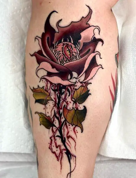 Red Gothic Rose with Eye Leg Tattoo