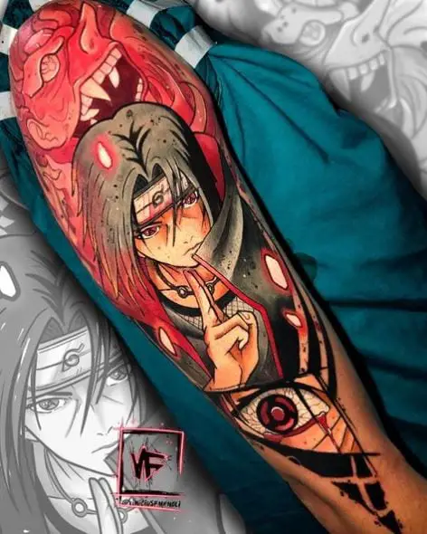 Colorful Dragon and Itachi Arm Sleeve Tattoo