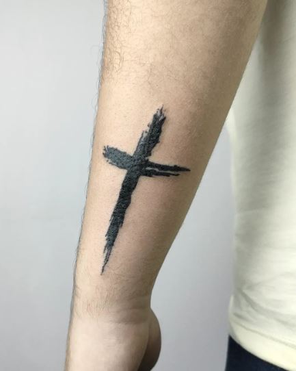 Black Minimalistic Cross Forearm Tattoo