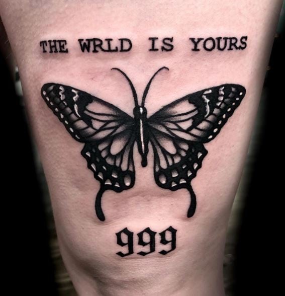 Butterfly and 999 with Script Thigh Tattoo