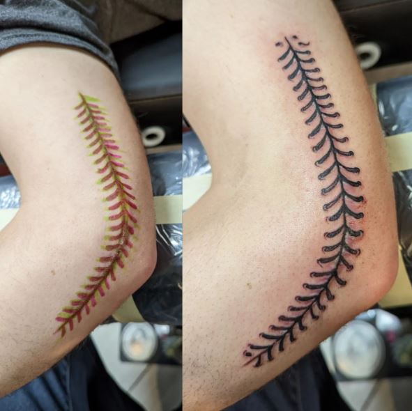 Black Baseball Seam Stitch Elbow Tattoo