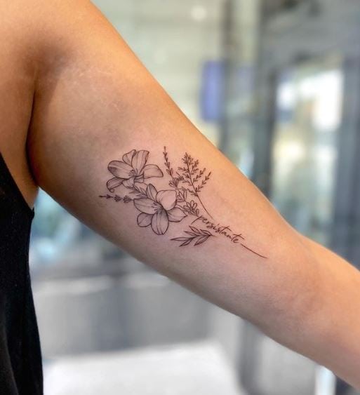 Lilies with Script Inner Biceps Tattoo
