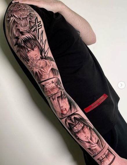 Black and Grey Dragon and Itachi Arm Sleeve Tattoo