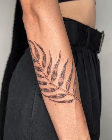 Black and Grey Palm Frond Forearm Tattoo