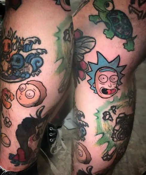 Colorful Animals and Rick and Morty Leg Tattoo