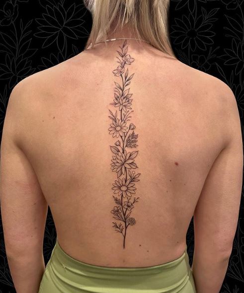 Black and Grey Flowers Spine Tattoo