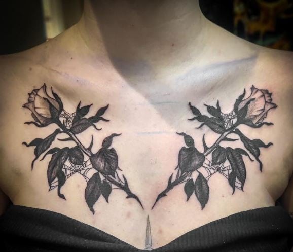 Black Gothic Roses with Thorns Chest Tattoo