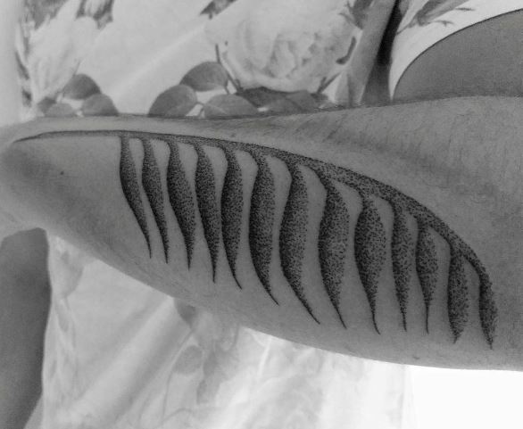 Grey Shaded Palm Frond Forearm Tattoo