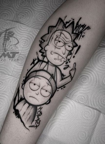 Black and Grey Rick and Morty Leg Tattoo