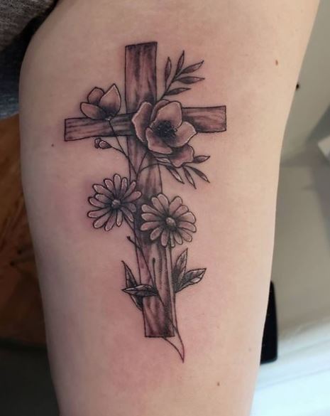 Shaded Flowers and Wooden Cross Inner Biceps Tattoo